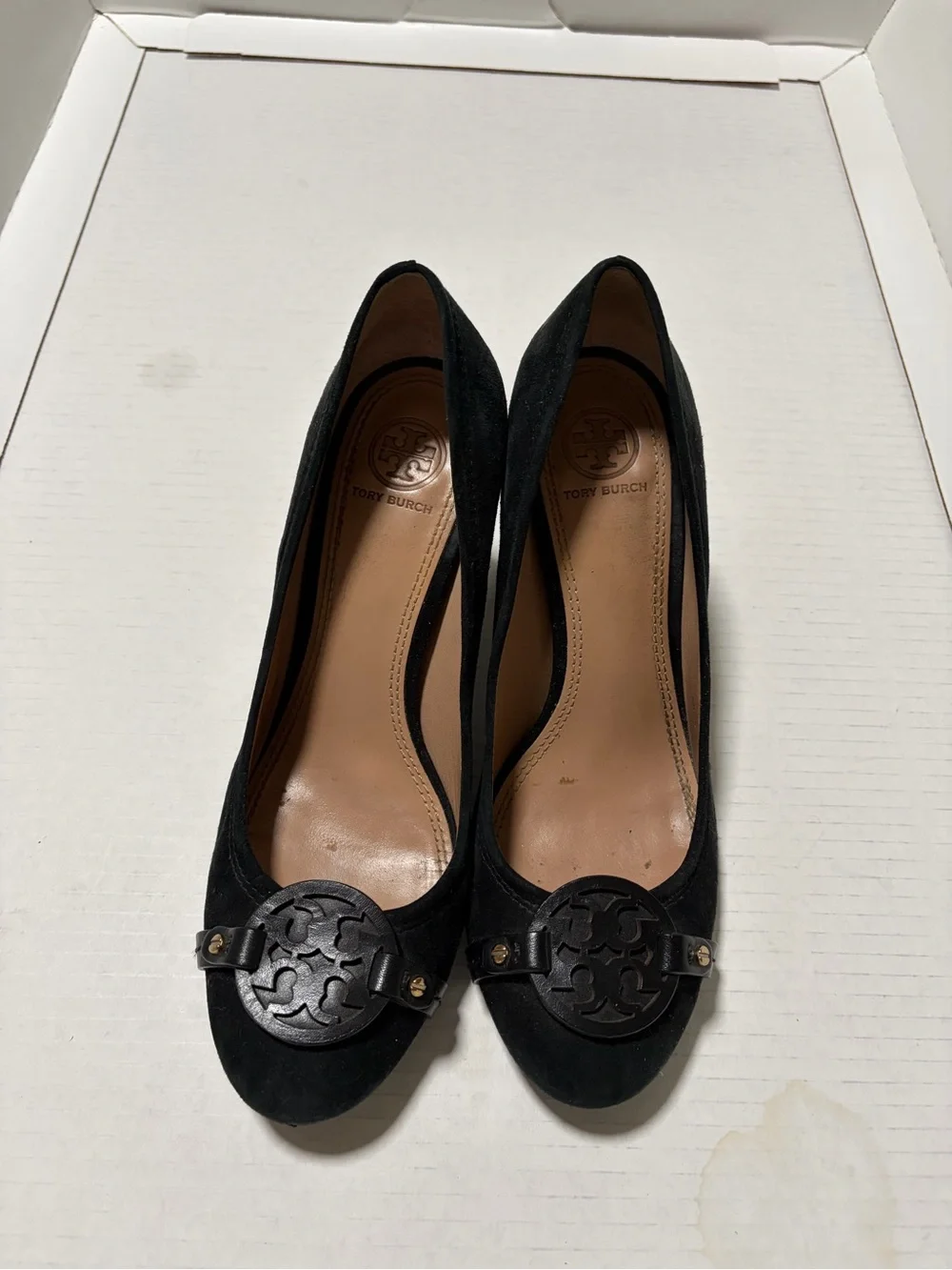 Tory Burch Black Suede Logo Round-Toe Pumps with Medallion